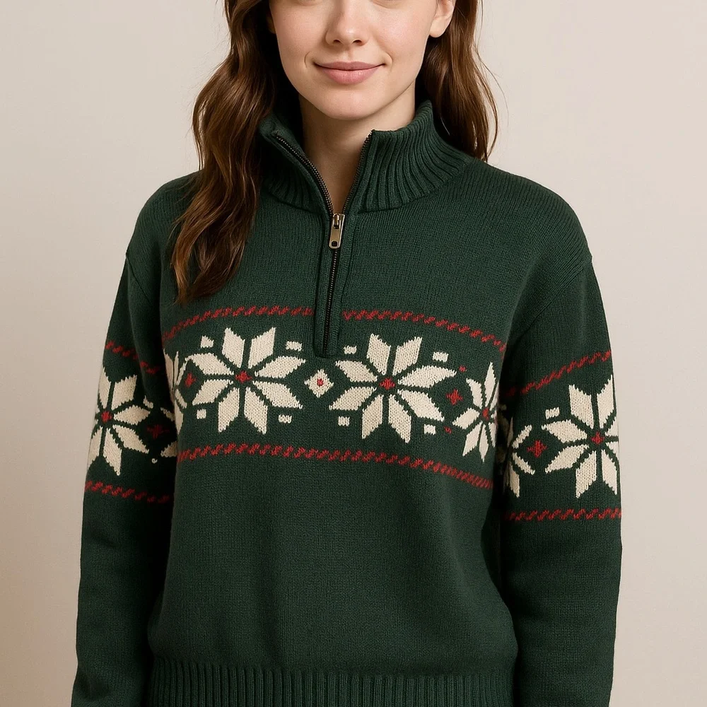 Unisex Weatherproof Vintage Holiday Green Fair Isle Sweater Cotton Size L